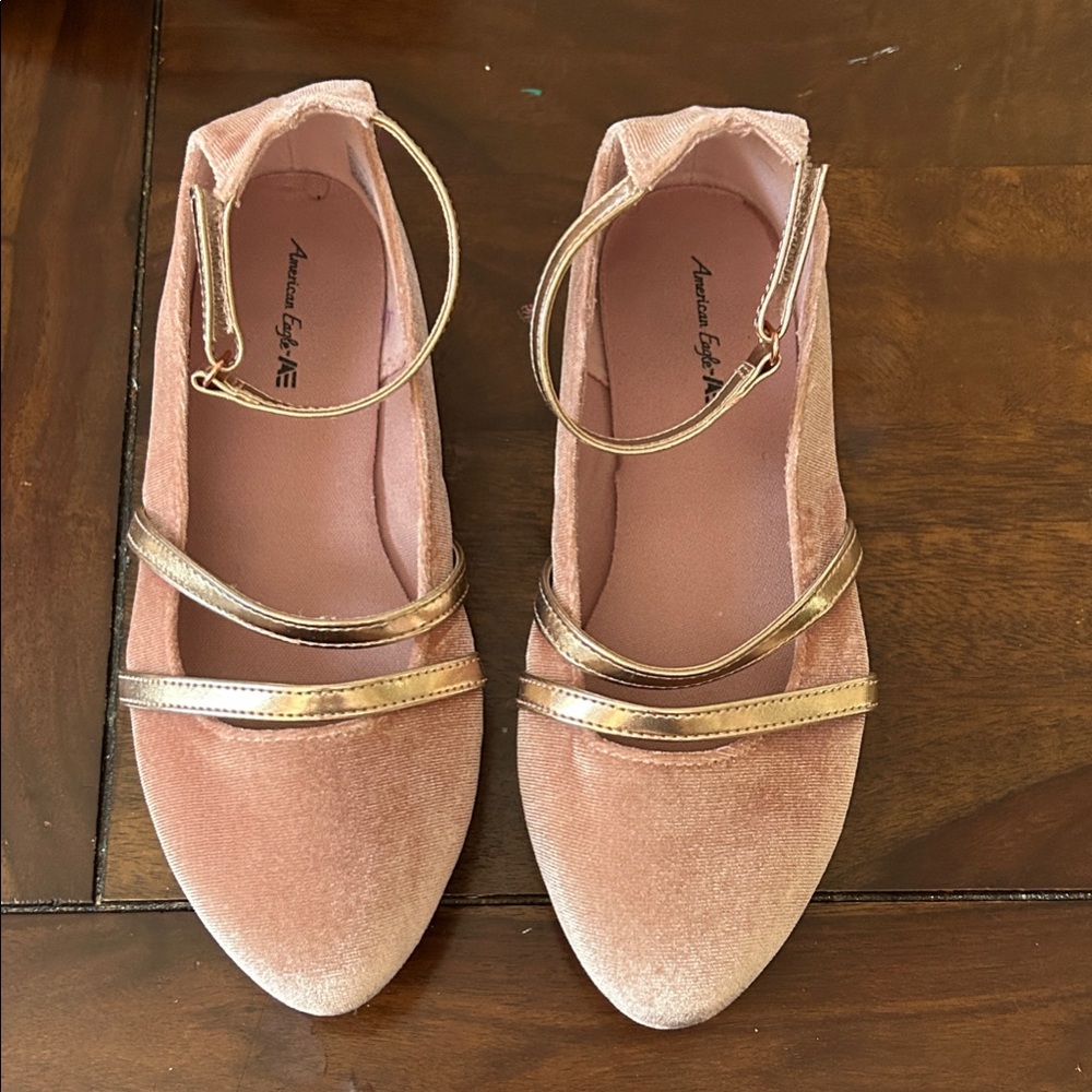 American Eagle Outfitters Blush Pink Velvet Flats with Gold Straps